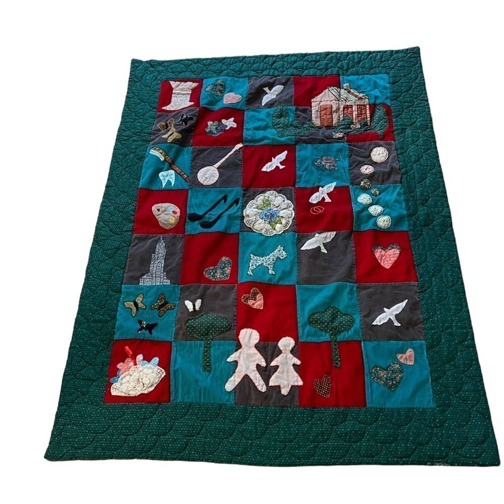 Handmade Quilt Throw Corduroy Home Family Dogs Birds Doves 66‎ x 51"
